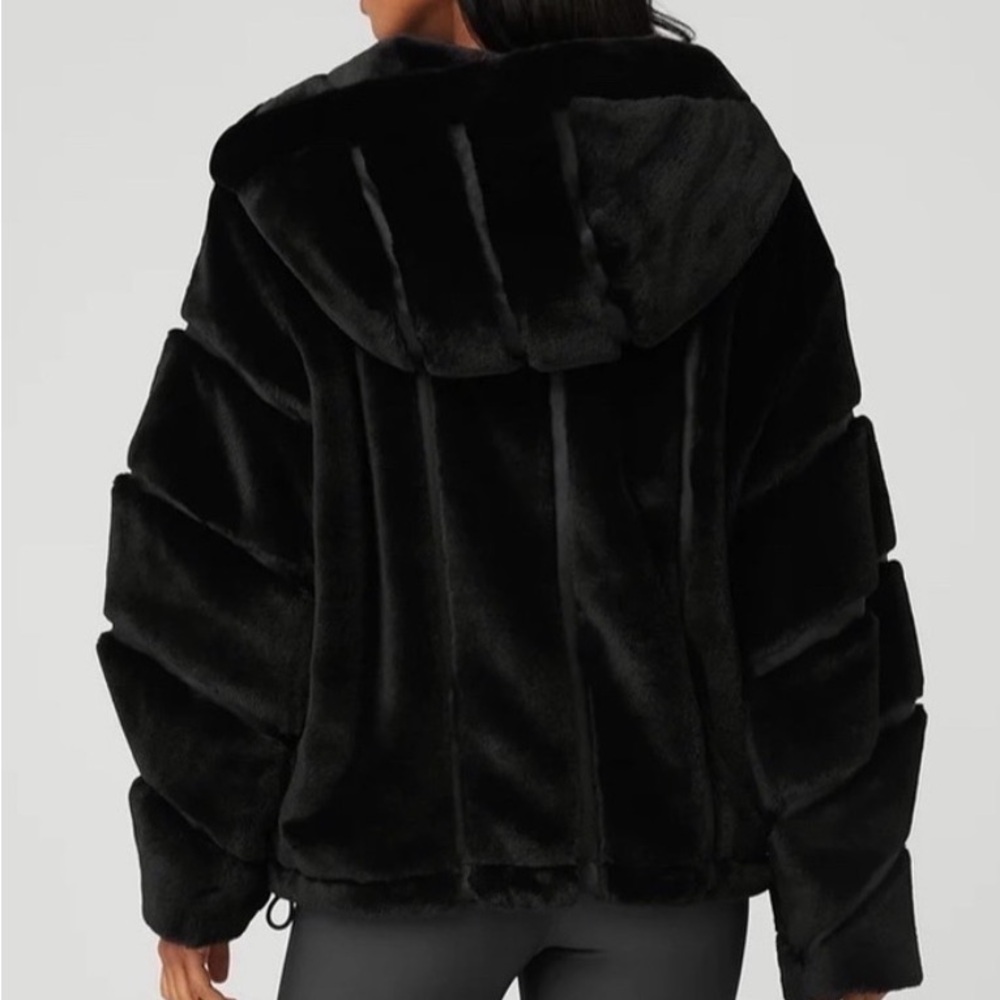 ALO Yoga Black Plush Faux-Fur Hooded Jacket - Picture 2 of 2